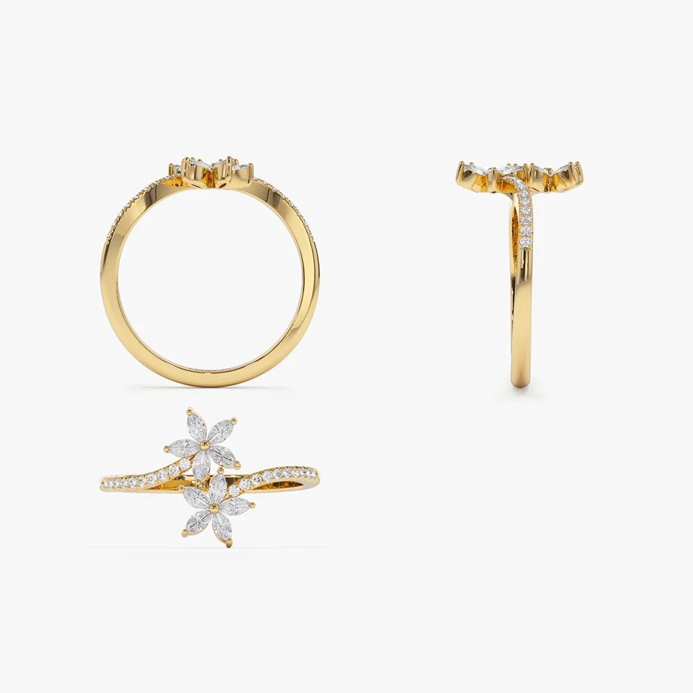 Marquise Diamond Flower Bypass Ring in 14k - Image 9