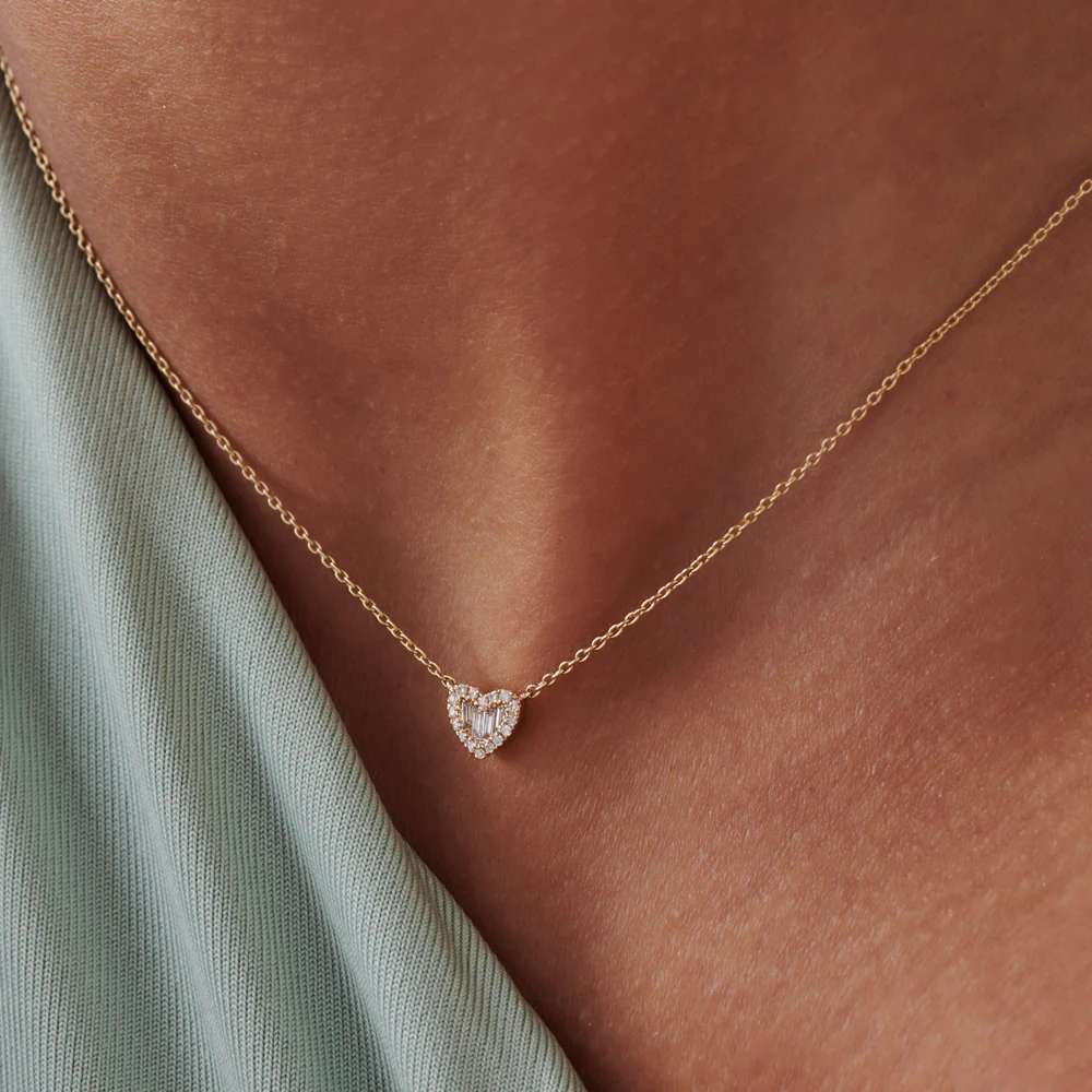 Round and Baguette Diamond Mini Heart Necklace in 14K - Image 6