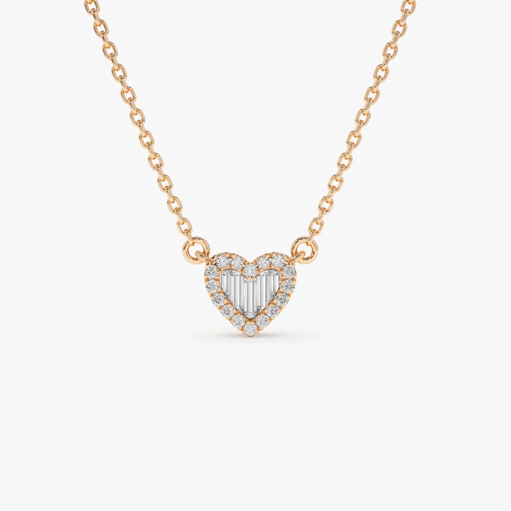 Round and Baguette Diamond Mini Heart Necklace in 14K - Image 7