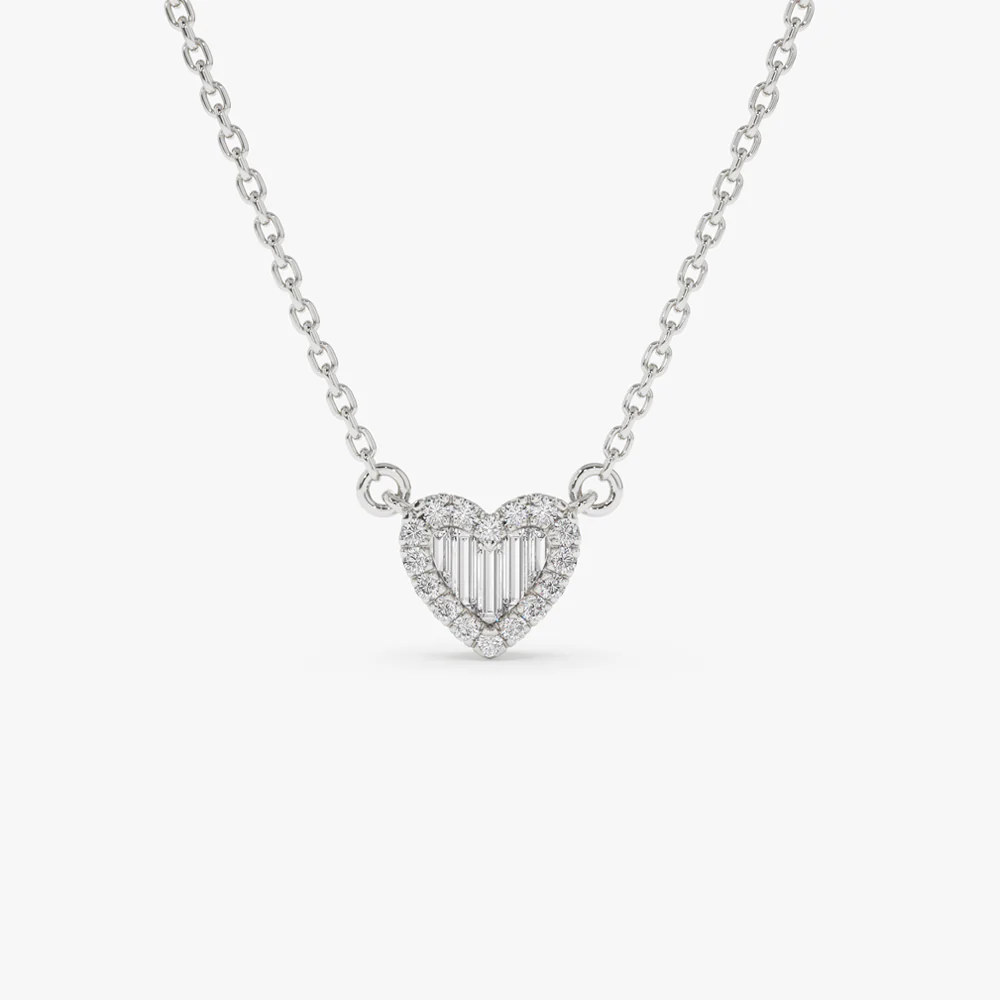 Round and Baguette Diamond Mini Heart Necklace in 14K - Image 8