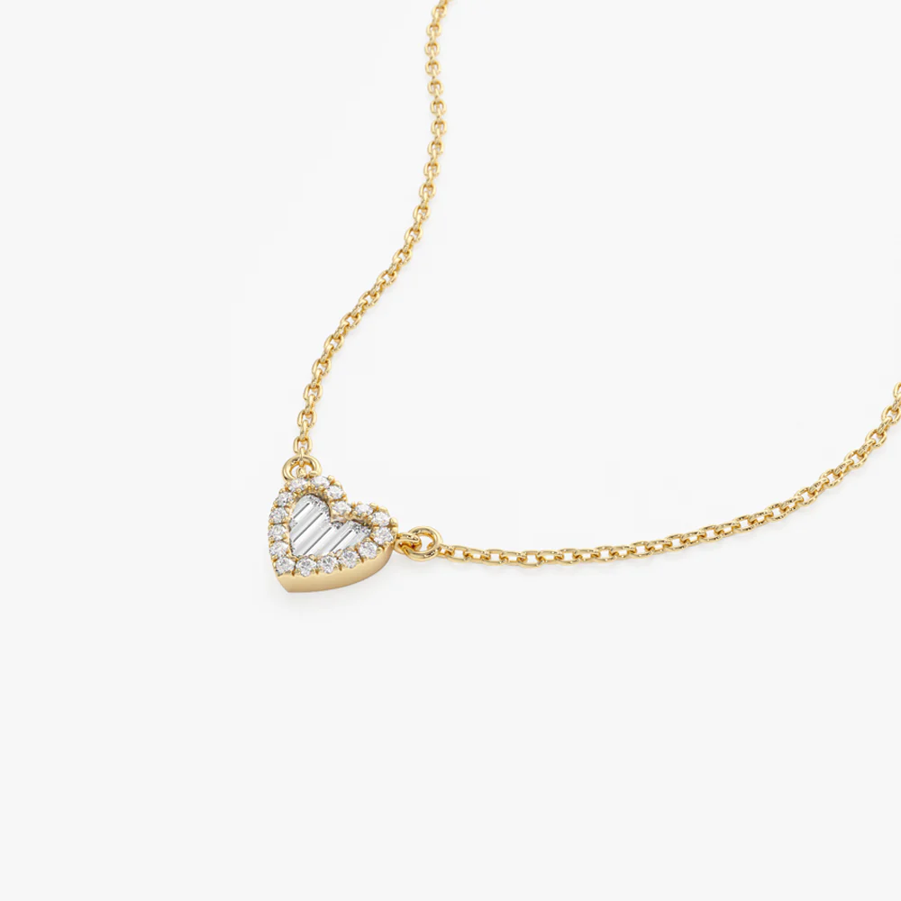 Round and Baguette Diamond Mini Heart Necklace in 14K - Image 9